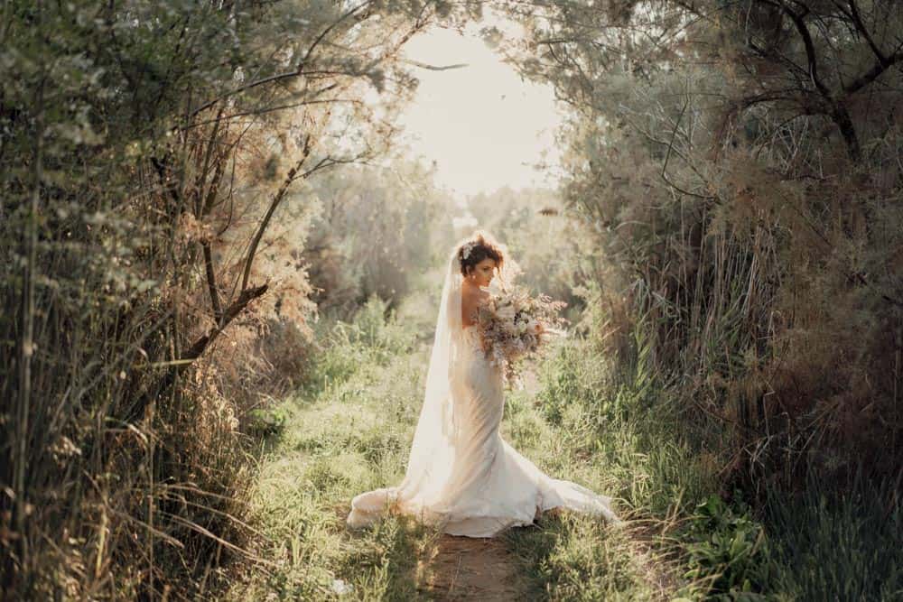 Elegant bride walking through a sunlit natural setting, perfect for luxury wedding photography and outdoor wedding venues.