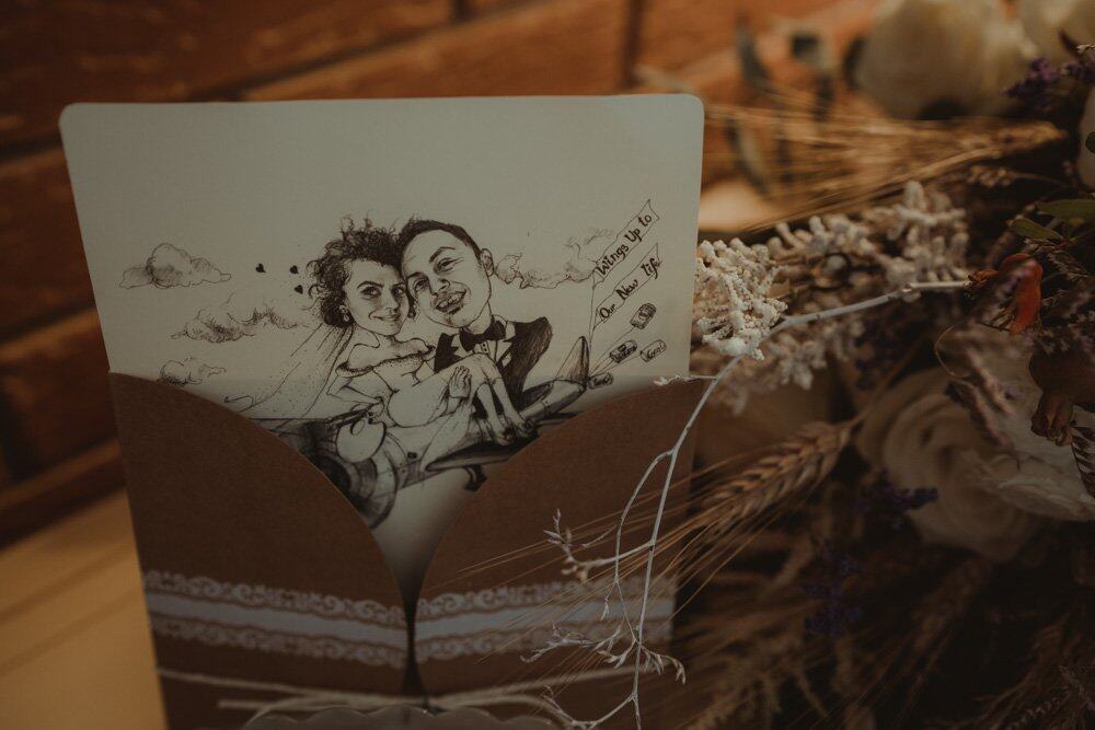 Cartoon wedding card in a brown envelope for luxury wedding celebration.