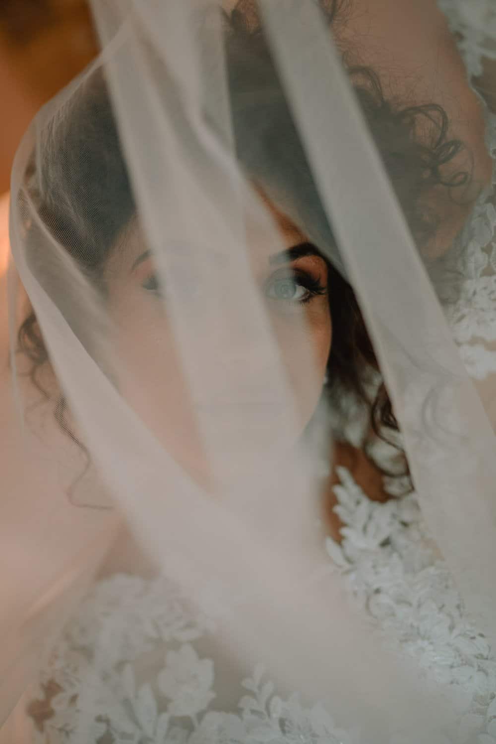 Delicate bride with lace wedding dress and veil, close-up portrait, luxury wedding aesthetics, high-end bridal styling.