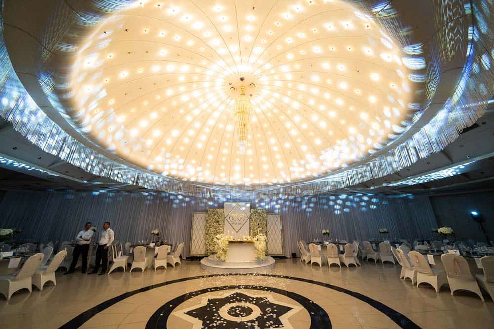 Elegant chandelier lighting decor at luxury wedding venue with grand round ceiling.