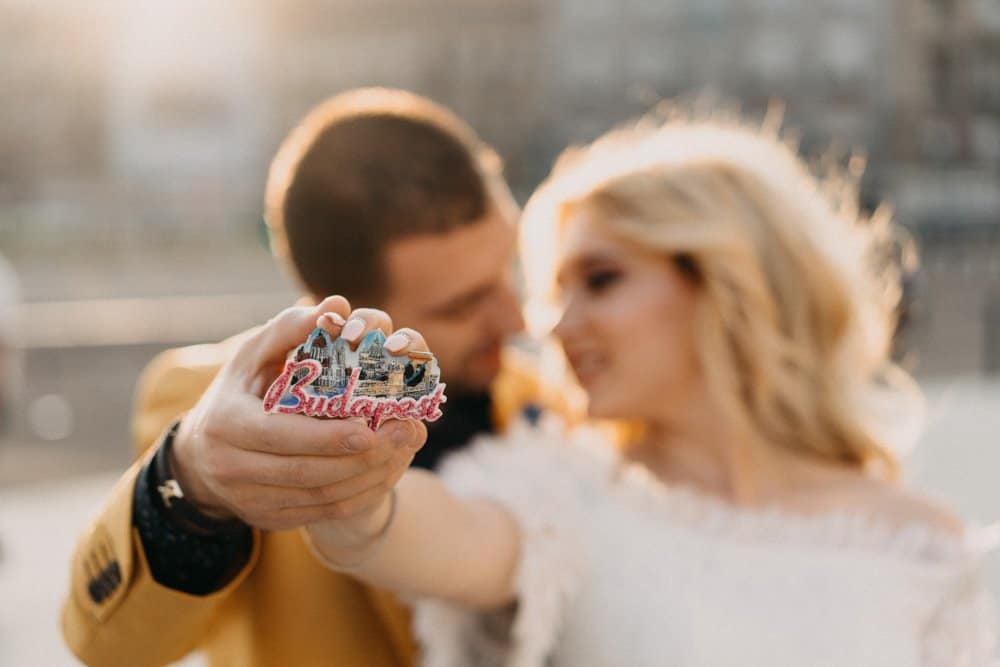 Budapest wedding souvenir magnet showcasing iconic city landmarks and romantic scenery.