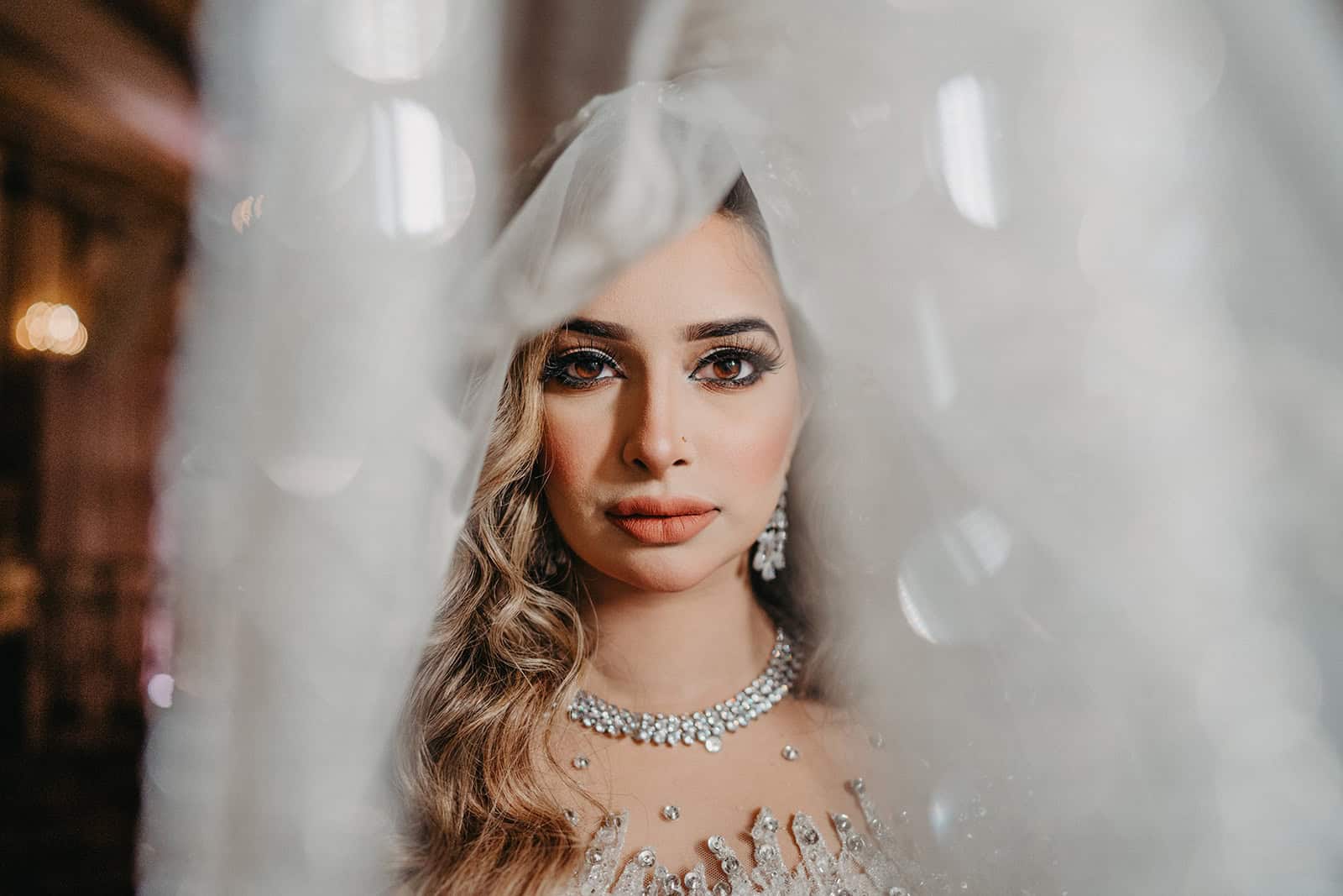 Luxurious bride with elegant jewelry and detailed gown, seen through a veil, perfect for high-end wedding photography.