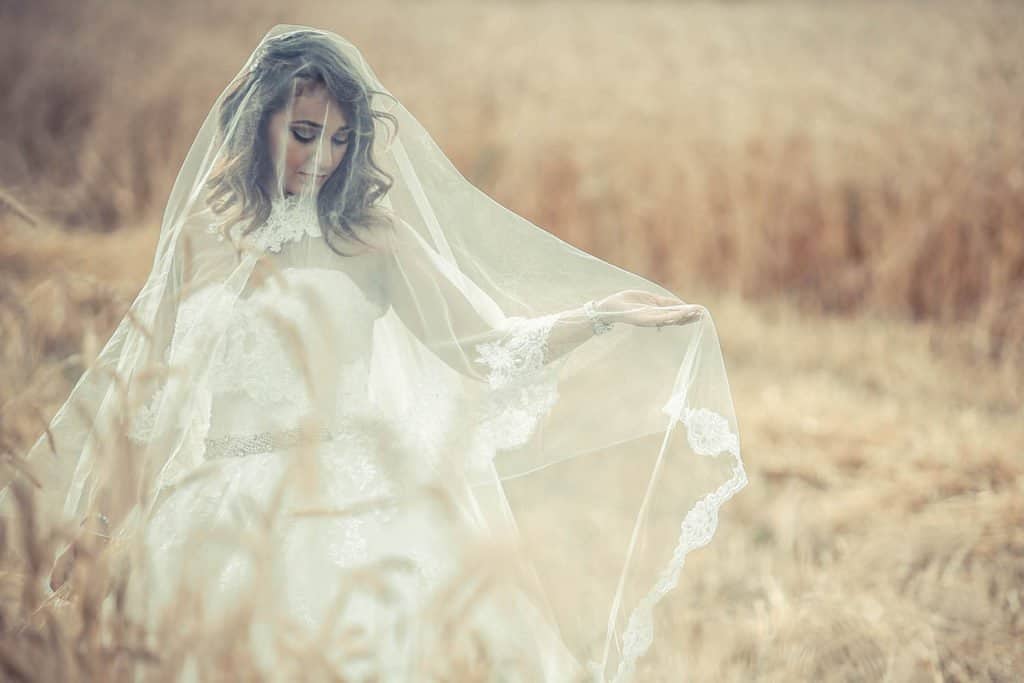 Elegant bride in lace wedding gown and veil standing in a golden field at a luxurious outdoor wedding venue.