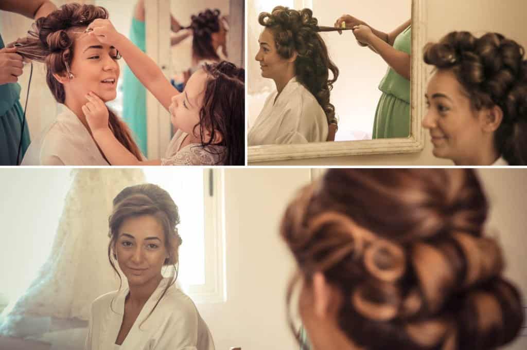 Bridal preparations with hair and makeup artists, elegant salon setting showcasing luxury wedding styling for brides.