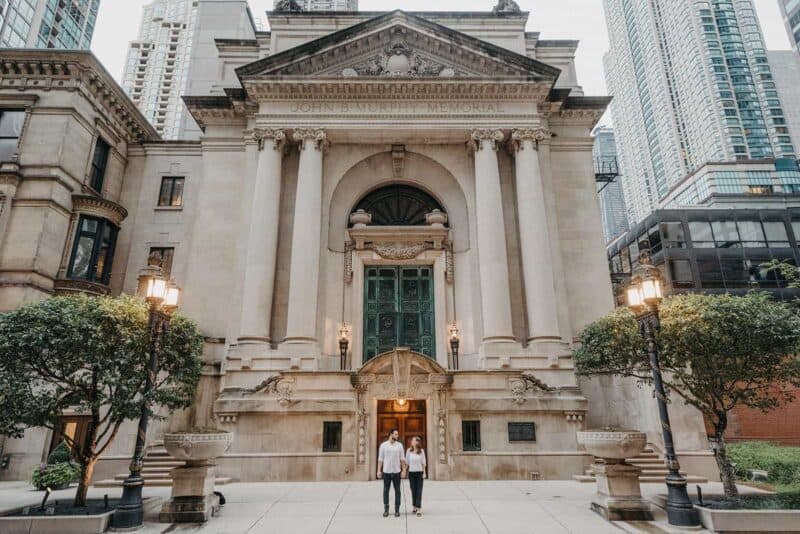 Elegant historic church exterior in downtown city for luxury wedding ceremonies.